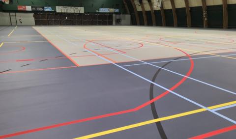 sol sportif en PU gris et beige avec tracés multicolores